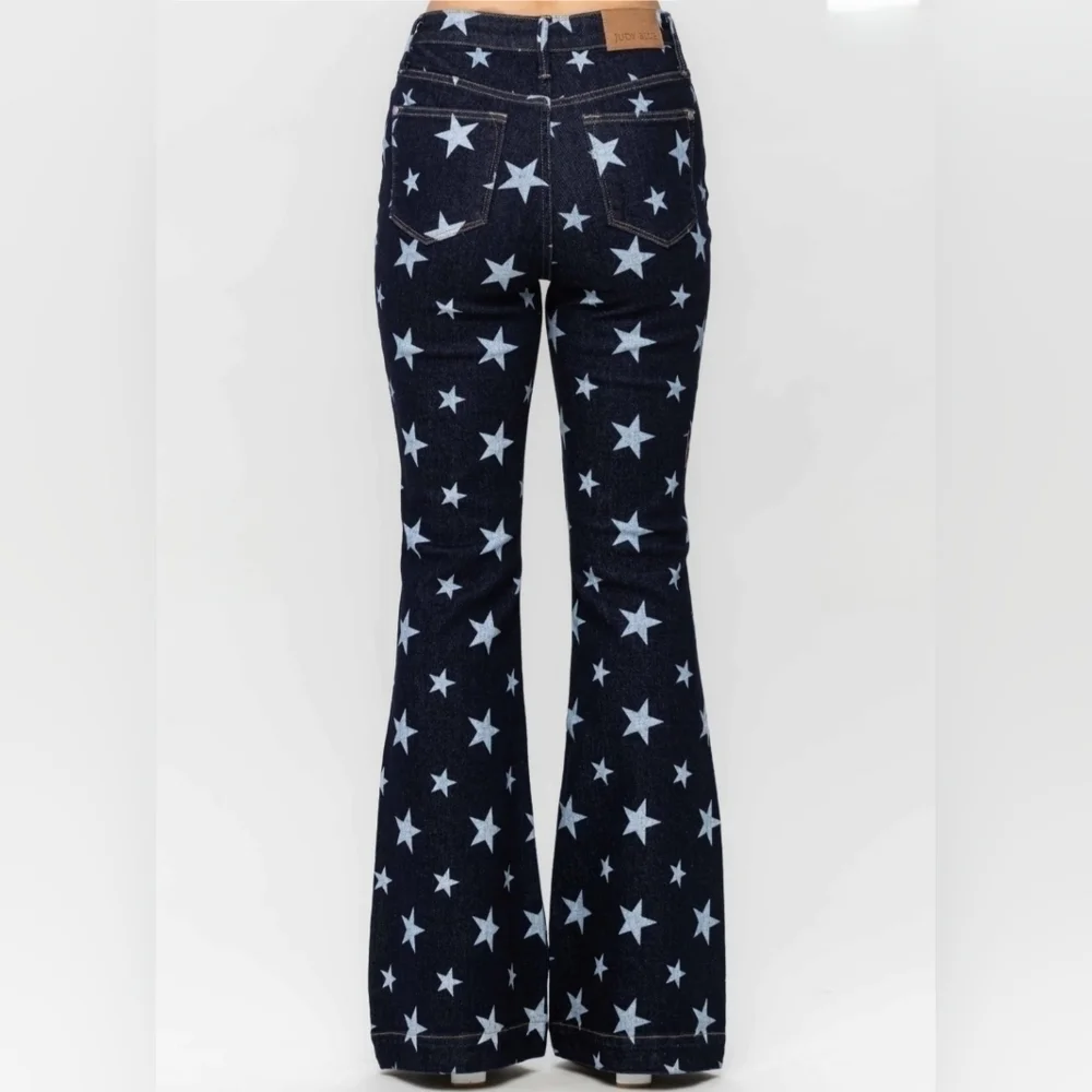 Judy Blue HR Dark Wash Star Print Flare Jeans Classic Americana Various NEW